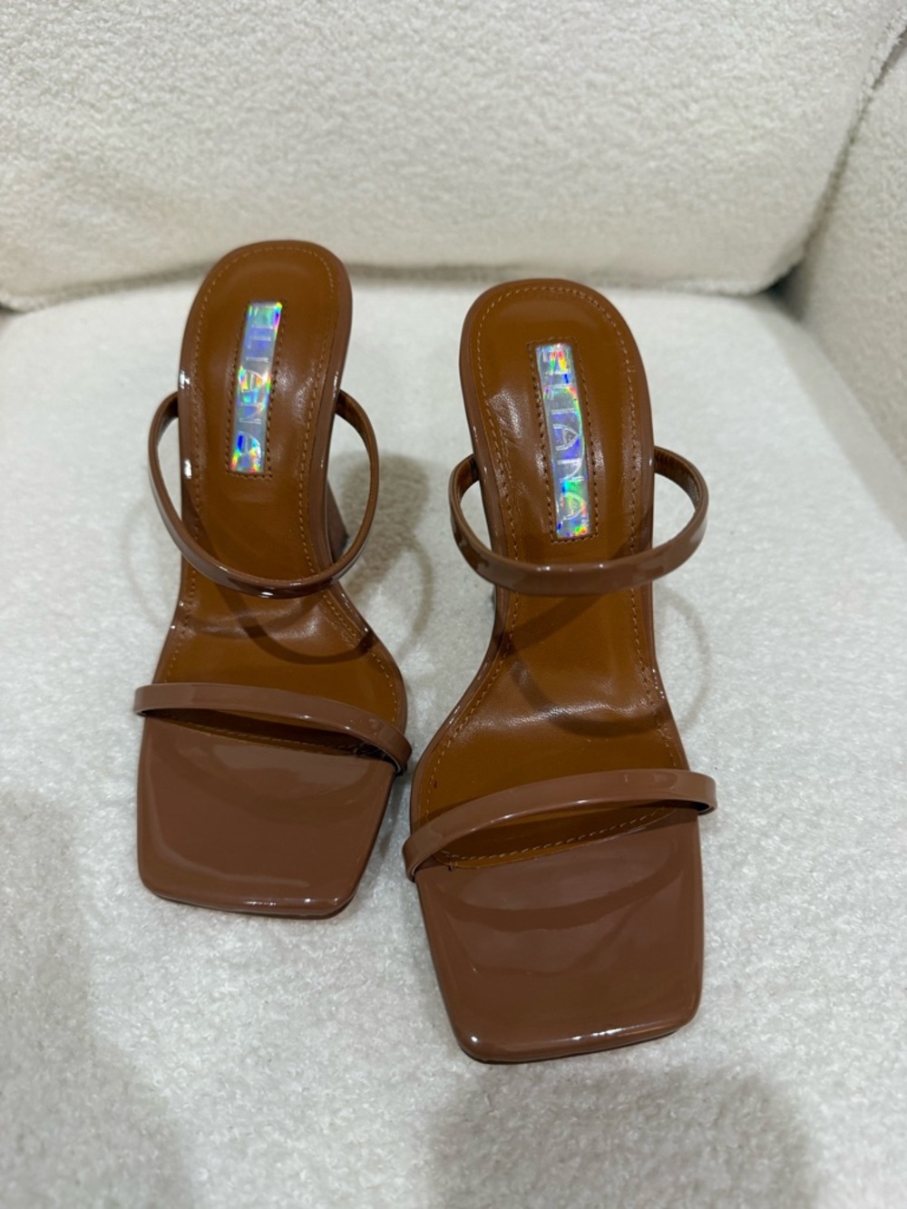 Liliana Brown Patent Strappy Square-Toe Heeled Sandals